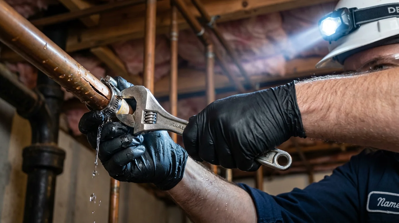 Emergency pipe clamp repair being performed by a Johns Plumbing LLC plumber in Honea Path